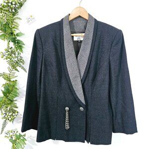 Vintage Kasper A.S.L. Womens Wool Blazer Sz 16 Chain Detail Gray & Black《907》J‎